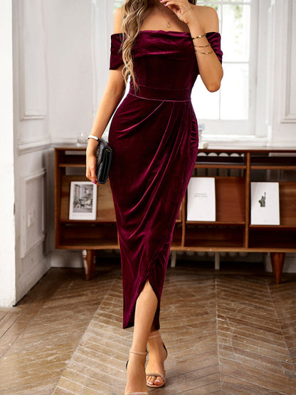 Velvet Dresses- Elegant Off-The-Shoulder Velvet Midi Dress- Wine Red- Pekosa Women Clothing