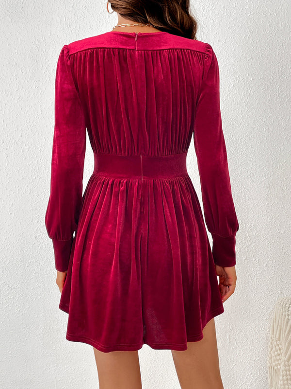 Velvet Dresses- Elegant Velvet Long Sleeves Fit & Flare Pleated Mini Dress- - Pekosa Women Clothing