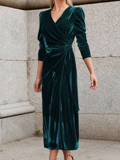 Velvet Dresses- Fall/Winter Elegant: Robe Velvet Midi Dress, Perfect for Any Event- - Pekosa Women Clothing