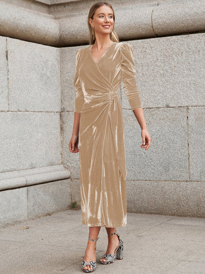 Velvet Dresses- Fall/Winter Elegant: Robe Velvet Midi Dress, Perfect for Any Event- Beige khaki- Pekosa Women Clothing