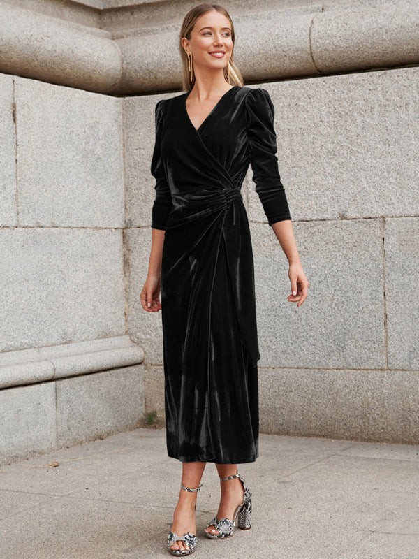 Velvet Dresses- Fall/Winter Elegant: Robe Velvet Midi Dress, Perfect for Any Event- - Pekosa Women Clothing