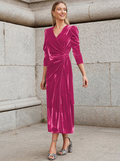 Velvet Dresses- Fall/Winter Elegant: Robe Velvet Midi Dress, Perfect for Any Event- - Pekosa Women Clothing