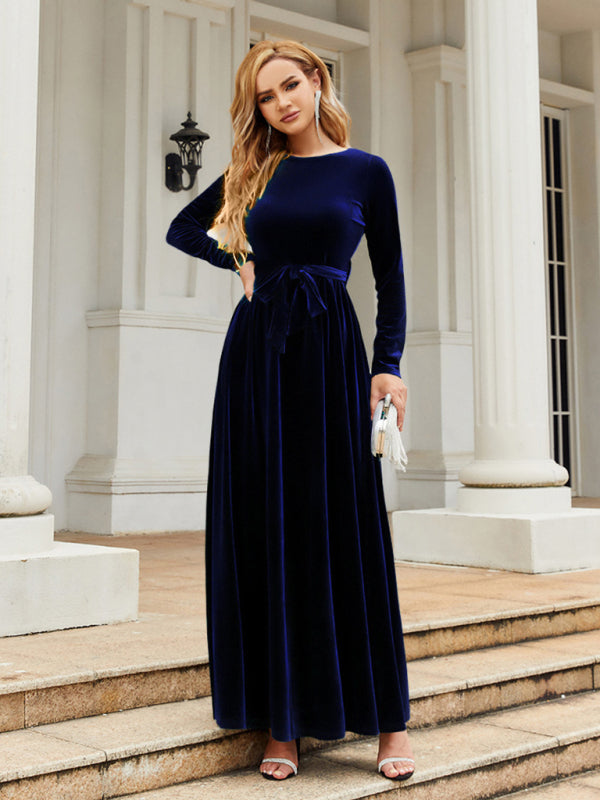 Velvet Dresses- Holiday Autumn Winter Velvet Tie-Belt Maxi Dress- - Pekosa Women Clothing