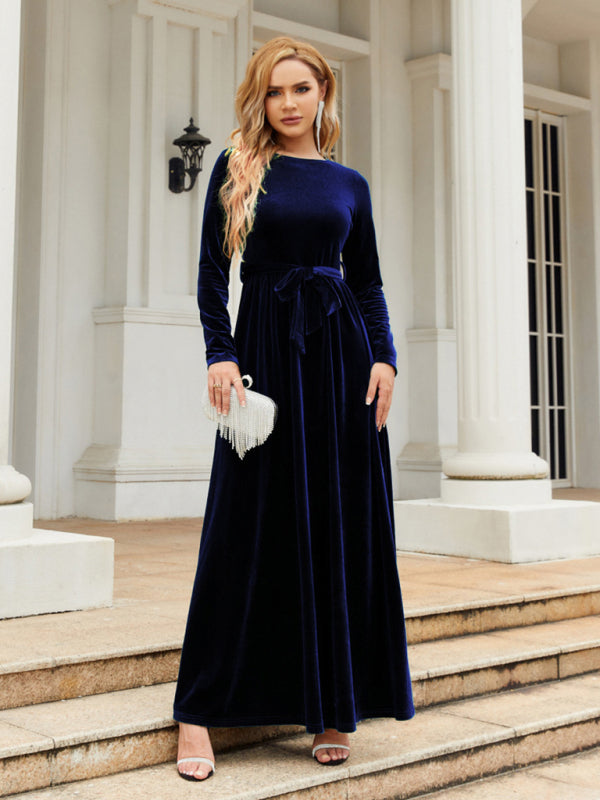 Velvet Dresses- Holiday Autumn Winter Velvet Tie-Belt Maxi Dress- Blue- Pekosa Women Clothing