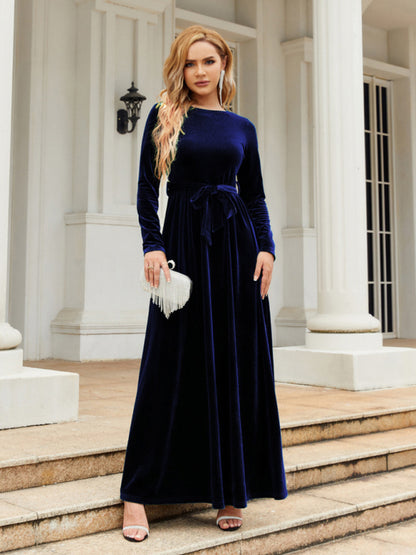 Velvet Dresses- Holiday Autumn Winter Velvet Tie-Belt Maxi Dress- Blue- Pekosa Women Clothing