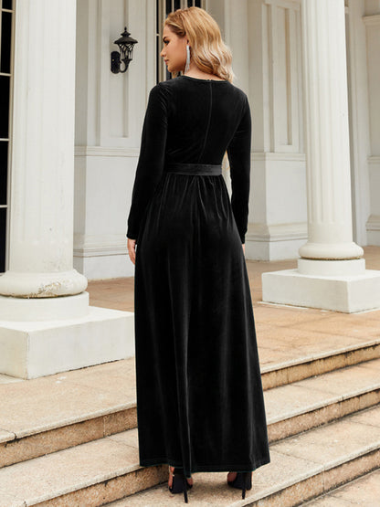 Velvet Dresses- Holiday Autumn Winter Velvet Tie-Belt Maxi Dress- - Pekosa Women Clothing