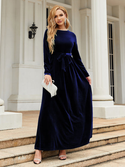 Velvet Dresses- Holiday Autumn Winter Velvet Tie-Belt Maxi Dress- - Pekosa Women Clothing