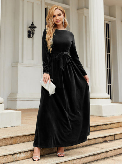 Velvet Dresses- Holiday Autumn Winter Velvet Tie-Belt Maxi Dress- - Pekosa Women Clothing