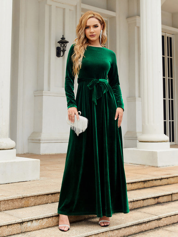 Velvet Dresses- Holiday Autumn Winter Velvet Tie-Belt Maxi Dress- - Pekosa Women Clothing