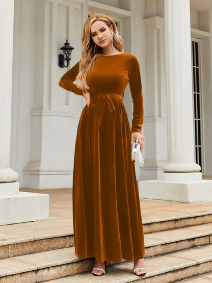 Velvet Dresses- Holiday Autumn Winter Velvet Tie-Belt Maxi Dress- - Pekosa Women Clothing