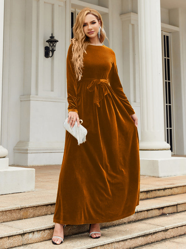 Velvet Dresses- Holiday Autumn Winter Velvet Tie-Belt Maxi Dress- Brown- Pekosa Women Clothing