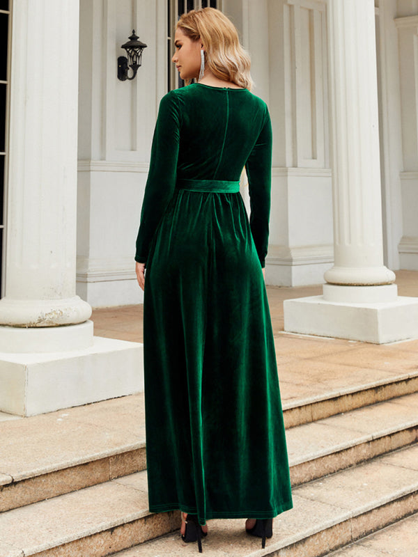 Velvet Dresses- Holiday Autumn Winter Velvet Tie-Belt Maxi Dress- - Pekosa Women Clothing