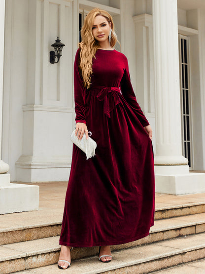 Velvet Dresses- Holiday Autumn Winter Velvet Tie-Belt Maxi Dress- - Pekosa Women Clothing