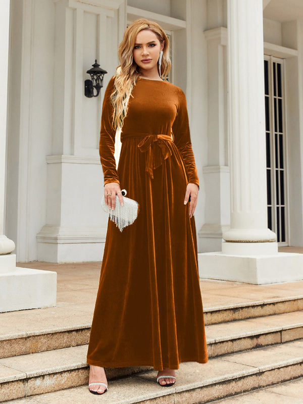 Velvet Dresses- Holiday Autumn Winter Velvet Tie-Belt Maxi Dress- - Pekosa Women Clothing