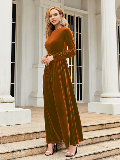 Velvet Dresses- Holiday Autumn Winter Velvet Tie-Belt Maxi Dress- - Pekosa Women Clothing