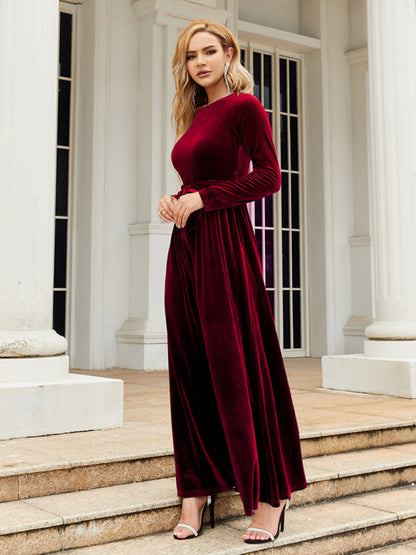 Velvet Dresses- Holiday Autumn Winter Velvet Tie-Belt Maxi Dress- - Pekosa Women Clothing