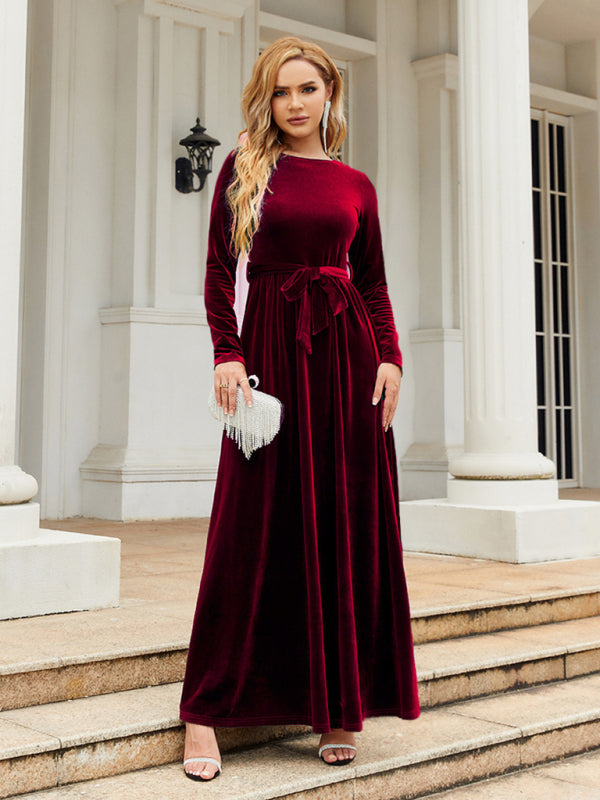 Velvet Dresses- Holiday Autumn Winter Velvet Tie-Belt Maxi Dress- Red- Pekosa Women Clothing