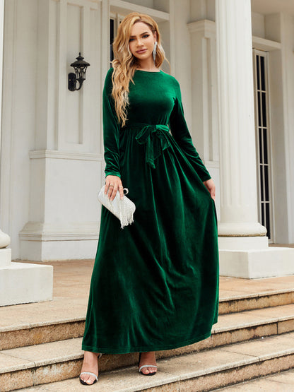 Velvet Dresses- Holiday Autumn Winter Velvet Tie-Belt Maxi Dress- Green- Pekosa Women Clothing