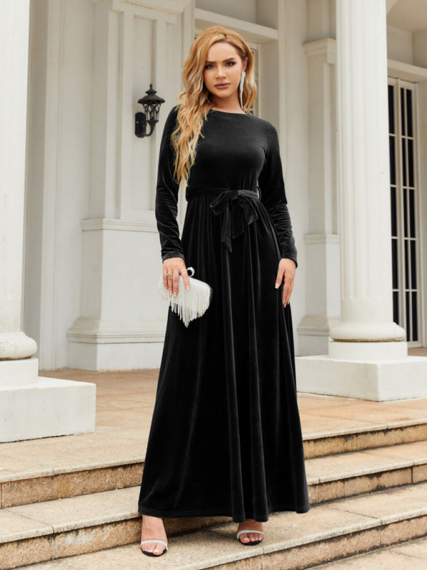 Velvet Dresses- Holiday Autumn Winter Velvet Tie-Belt Maxi Dress- Black- Pekosa Women Clothing