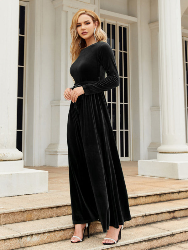 Velvet Dresses- Holiday Autumn Winter Velvet Tie-Belt Maxi Dress- - Pekosa Women Clothing