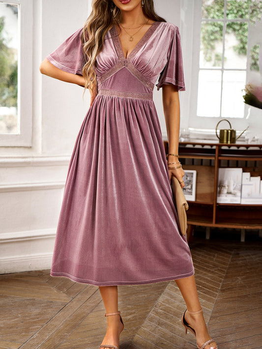 Velvet Dresses- Velvet A-Line Midi Cocktail Dress with Flared Sleeves- Pink- Pekosa Women Clothing