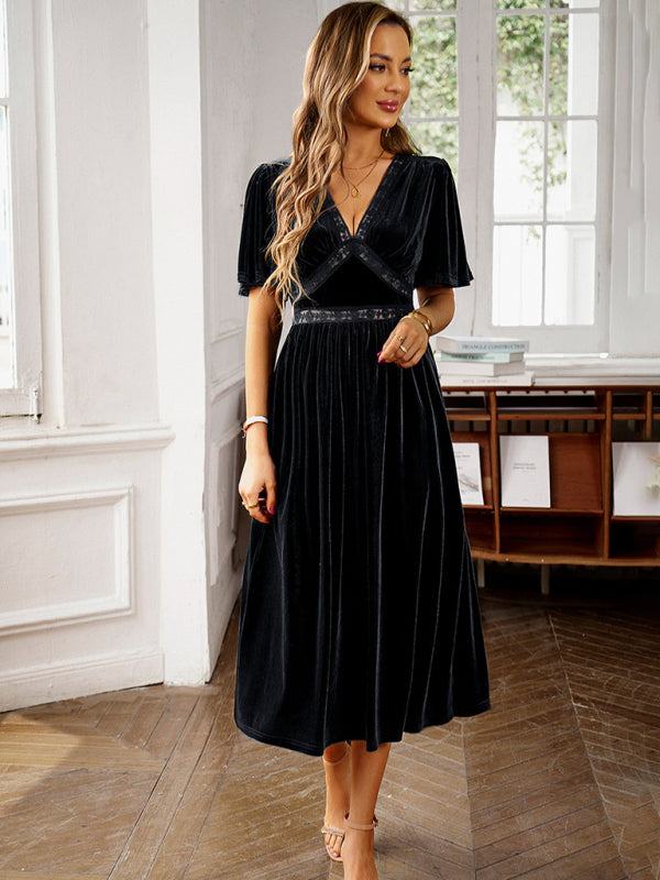 Velvet Dresses- Velvet A-Line Midi Cocktail Dress with Flared Sleeves- - Pekosa Women Clothing