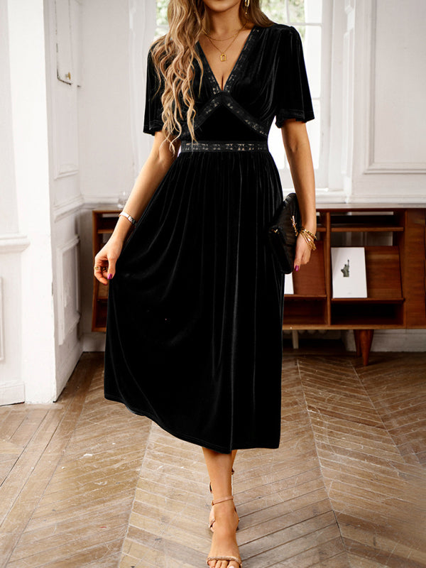 Velvet Dresses- Velvet A-Line Midi Cocktail Dress with Flared Sleeves- Black- Pekosa Women Clothing