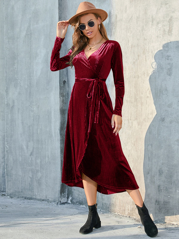 Velvet Dresses- Velvet Wrap Midi Dress with Long Sleeve for Special Occasions- Red- Pekosa Women Clothing