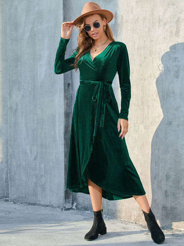 Velvet Dresses- Velvet Wrap Midi Dress with Long Sleeve for Special Occasions- - Pekosa Women Clothing