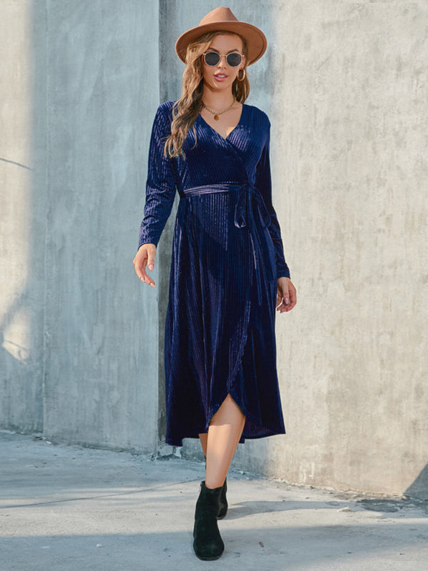 Velvet Dresses- Velvet Wrap Midi Dress with Long Sleeve for Special Occasions- - Pekosa Women Clothing