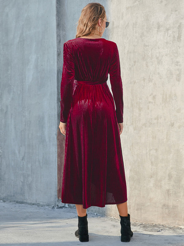 Velvet Dresses- Velvet Wrap Midi Dress with Long Sleeve for Special Occasions- - Pekosa Women Clothing