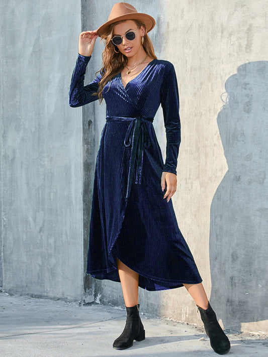 Velvet Dresses- Velvet Wrap Midi Dress with Long Sleeve for Special Occasions- Blue- Pekosa Women Clothing