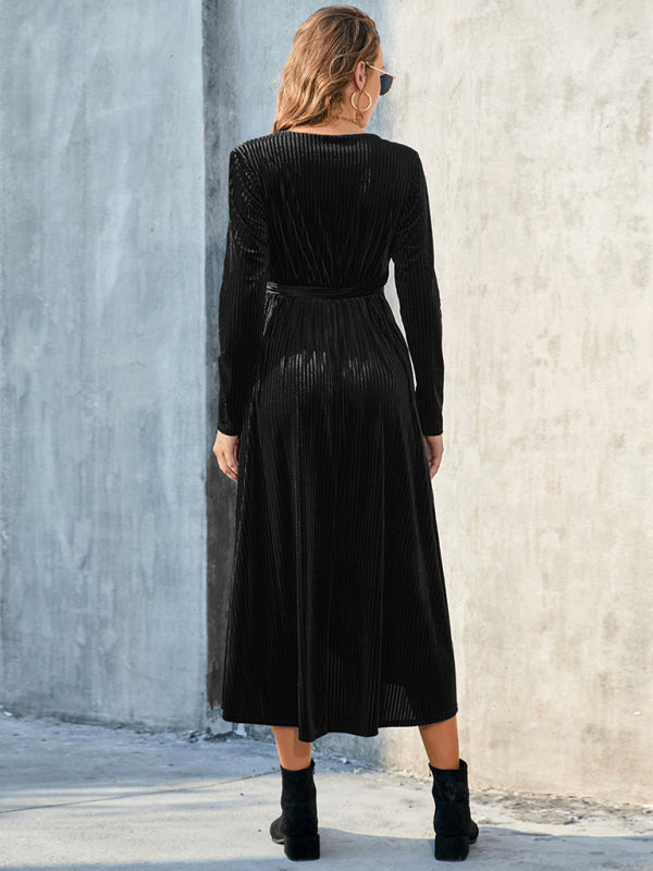 Velvet Dresses- Velvet Wrap Midi Dress with Long Sleeve for Special Occasions- - Pekosa Women Clothing