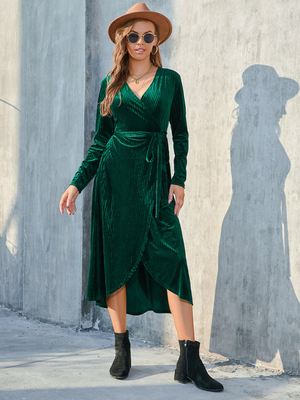 Velvet Dresses- Velvet Wrap Midi Dress with Long Sleeve for Special Occasions- - Pekosa Women Clothing