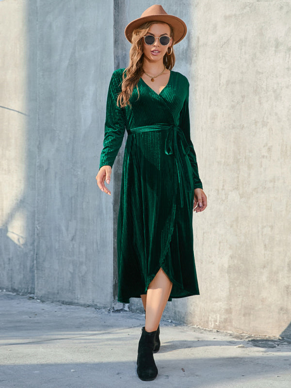 Velvet Dresses- Velvet Wrap Midi Dress with Long Sleeve for Special Occasions- - Pekosa Women Clothing