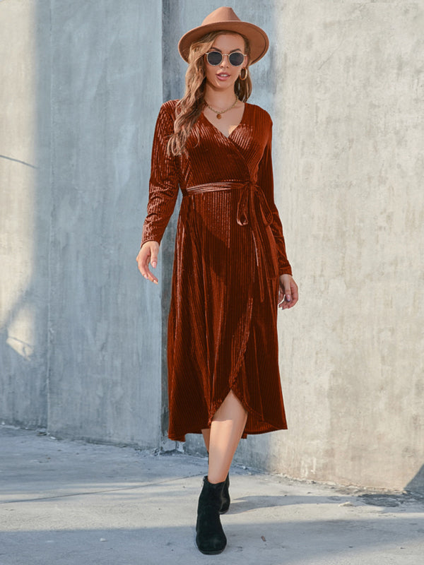 Velvet Dresses- Velvet Wrap Midi Dress with Long Sleeve for Special Occasions- Orange- Pekosa Women Clothing