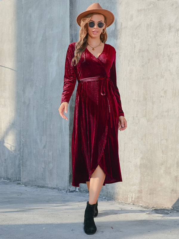 Velvet Dresses- Velvet Wrap Midi Dress with Long Sleeve for Special Occasions- - Pekosa Women Clothing