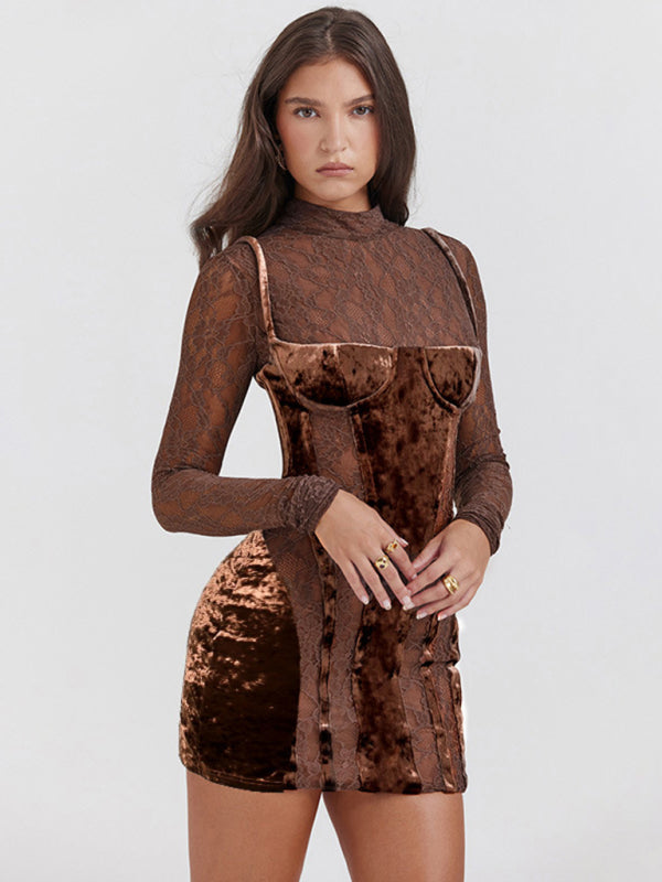 Velvet Dresses- Vintage Velvet Velour Bustier Bodycon Dress with Lace Sleeves- - Pekosa Women Clothing