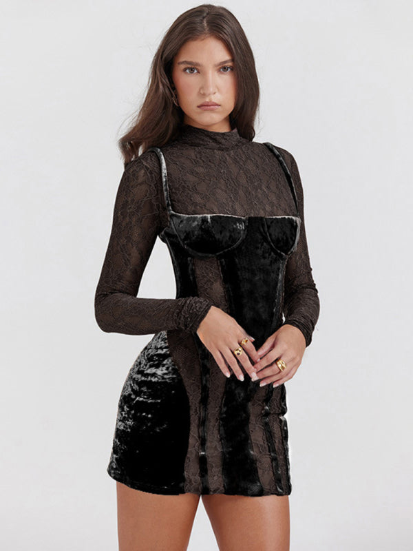 Velvet Dresses- Vintage Velvet Velour Bustier Bodycon Dress with Lace Sleeves- - Pekosa Women Clothing