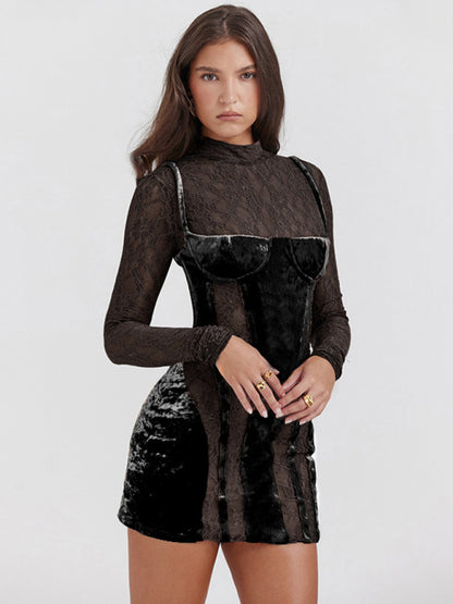 Velvet Dresses- Vintage Velvet Velour Bustier Bodycon Dress with Lace Sleeves- - Pekosa Women Clothing