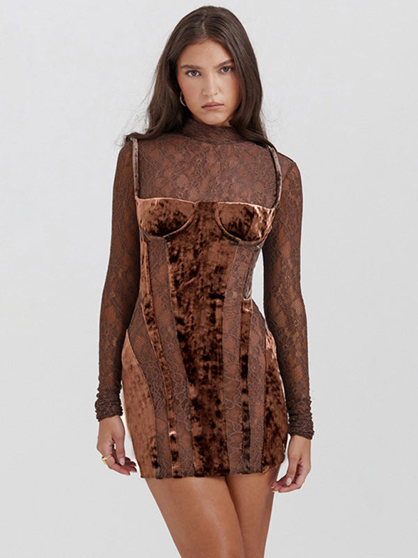 Velvet Dresses- Vintage Velvet Velour Bustier Bodycon Dress with Lace Sleeves- Brown- Pekosa Women Clothing