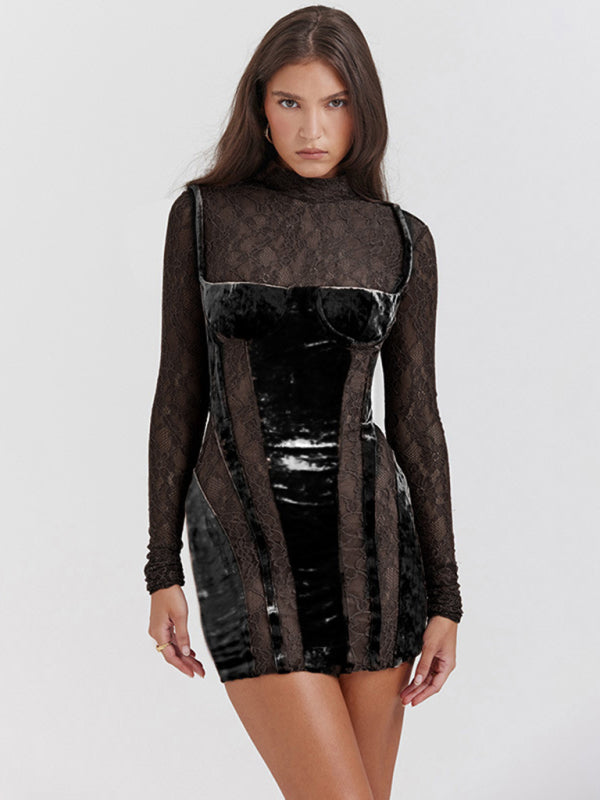 Velvet Dresses- Vintage Velvet Velour Bustier Bodycon Dress with Lace Sleeves- Black- Pekosa Women Clothing