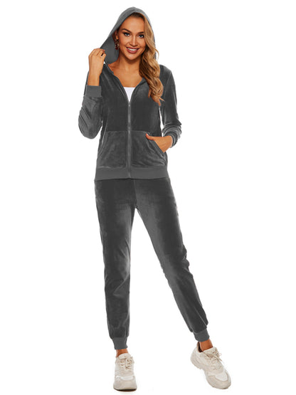 Velvet Loungewear- Velvet Tracksuit Zip-Up Hoodie & Sweatpants- Grey- Pekosa Women Clothing