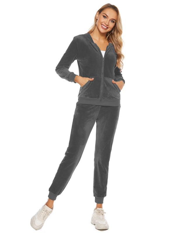 Velvet Loungewear- Velvet Tracksuit Zip-Up Hoodie & Sweatpants- - Pekosa Women Clothing