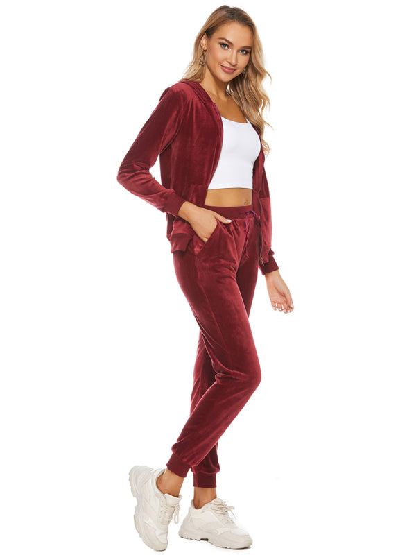 Velvet Loungewear- Velvet Tracksuit Zip-Up Hoodie & Sweatpants- - Pekosa Women Clothing