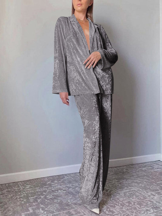 Velvet Outfits- Velvet Blazer Jacket & Elastic Waist Pants - 2-Piece Cozy Lounge- Silver grey- Pekosa Women Clothing