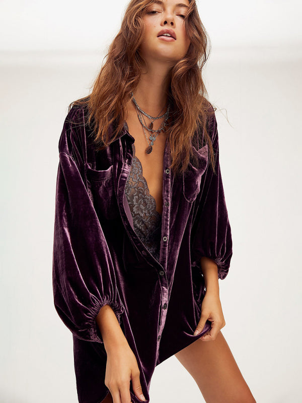 Velvet Shirts- Oversized Velvet Mid-Length Shirt- Purple- Pekosa Women Clothing