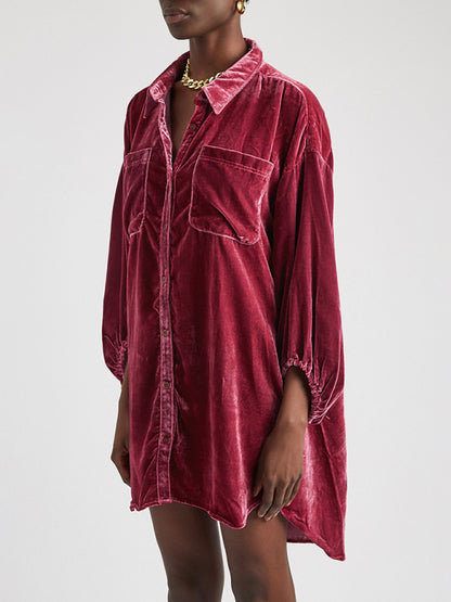 Velvet Shirts- Oversized Velvet Mid-Length Shirt- Wine Red- Pekosa Women Clothing