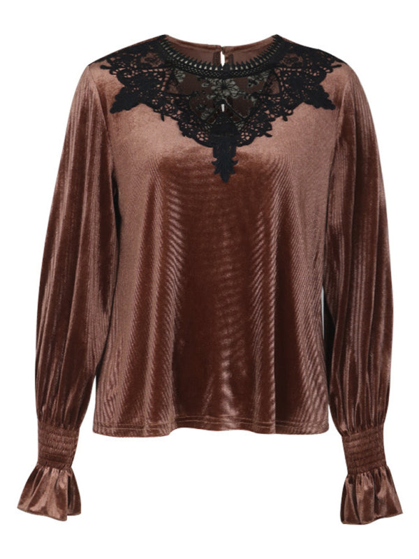 Velvet Tops- Elegant Velvet Blouse - Velour Top with Delicate Lace Accents- - Pekosa Women Clothing