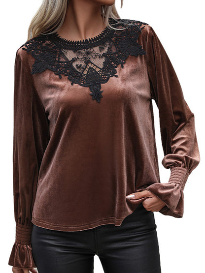 Velvet Tops- Elegant Velvet Blouse - Velour Top with Delicate Lace Accents- - Pekosa Women Clothing